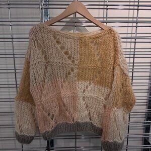 Maiami Mohair Blend Loose Knit Relaxed Fit Pullover in Beige Colorblock size XS